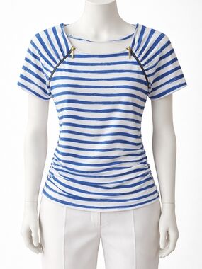 Michael Kors Blue and White Striped Short Sleeve Top with Zip Accents